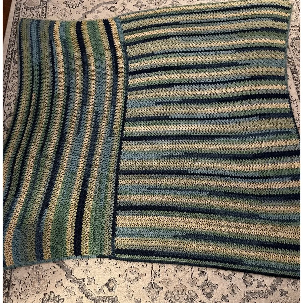 Handmade Crochet Throw Blanket: Bohemian Blue Green Afghan
